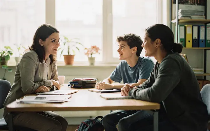 A MedView advisor talking through a plan with a student and their parent at a table