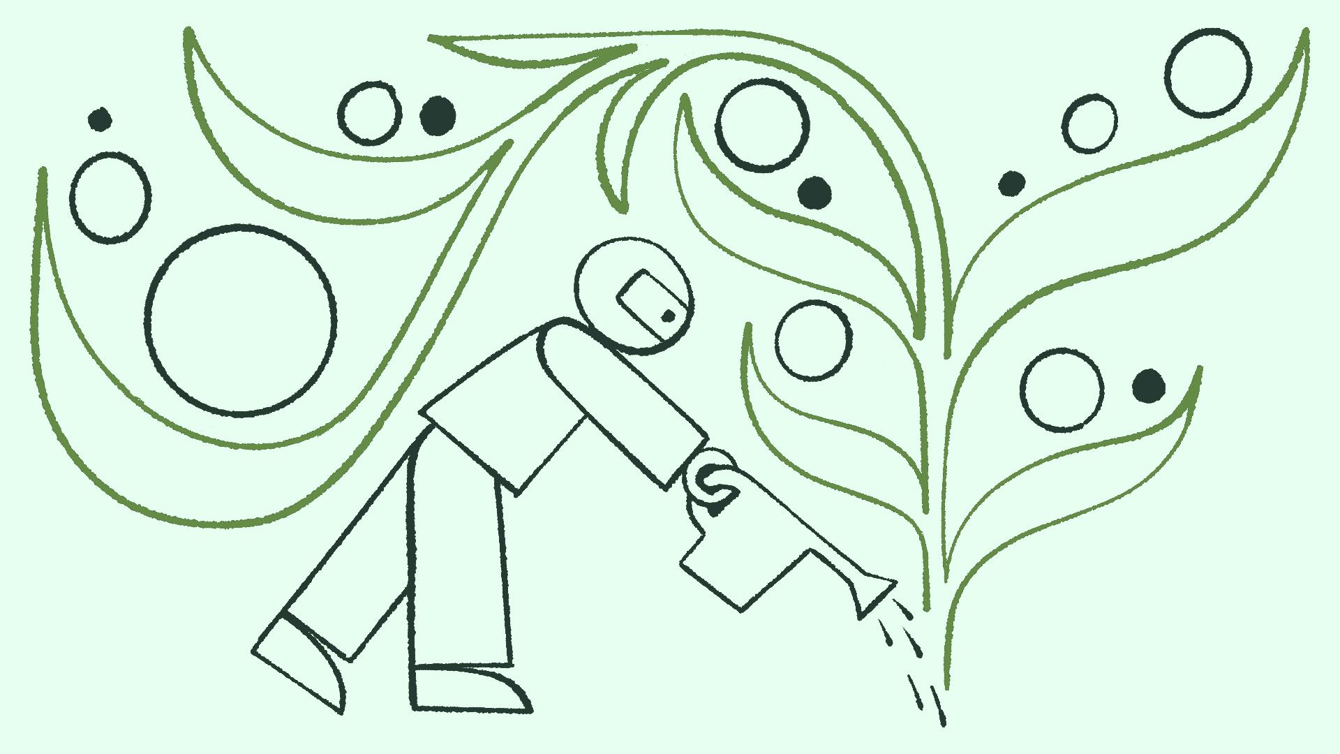 Line illustration of a figure watering a stylized plant with circles and curved leaves.
