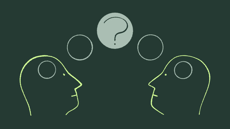 Line illustration of two people looking at a question mark inside a bubble.
