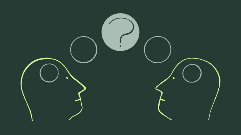 Line illustration of two people looking at a question mark inside a bubble.
