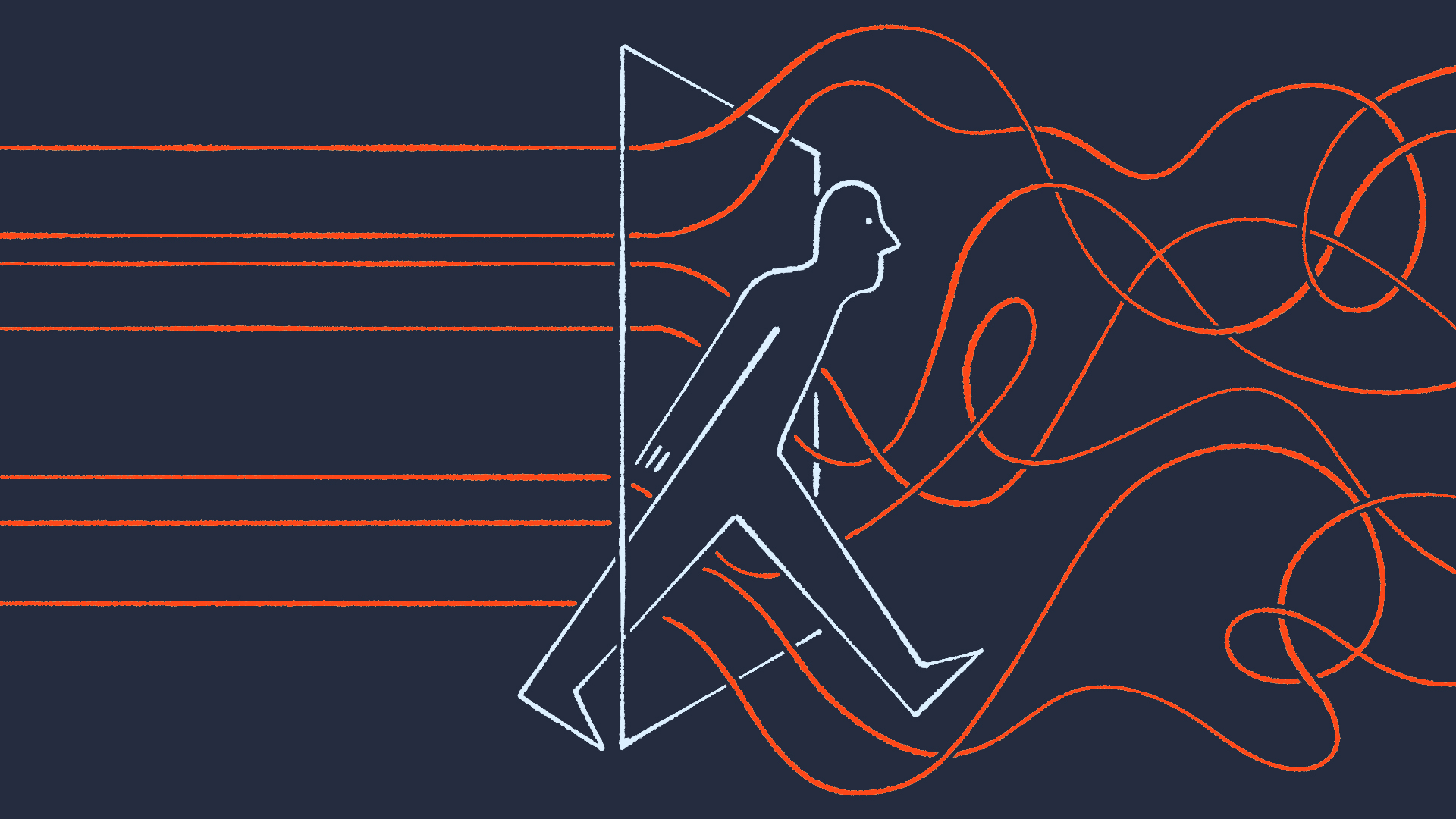 Stylized line illustration of a person stepping through a doorway from straight horizontal lines into swirling lines, symbolizing movement from stability into a more dynamic environment.