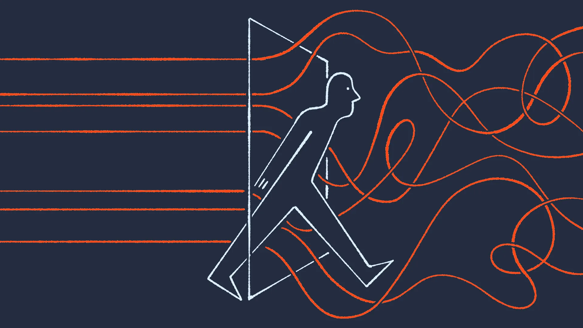 Minimal line illustration of a person walking forward through an abstract doorway, with flowing lines suggesting movement and transition.