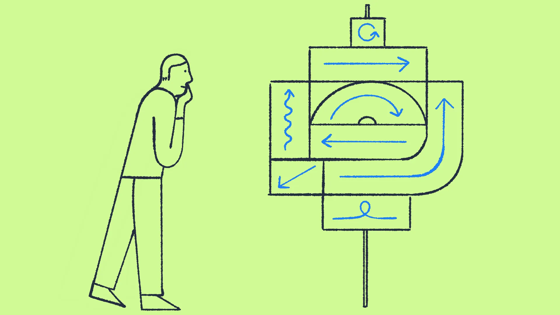 Minimal line illustration of a person studying an abstract signpost filled with arrows and lines pointing in various directions, suggesting reevaluation and evolving opportunities.