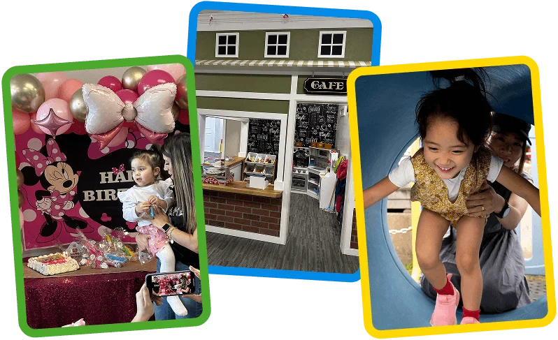 a collage Image showing birthday party, play café, and open play activity at Little Laughs Playtime.