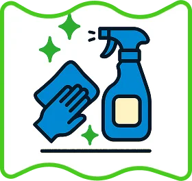 An image of a spray bottle and cleaning cloth with sparkles indicating cleanliness.