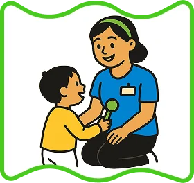 An image of A smiling staff member kneeling and interacting warmly with a child.