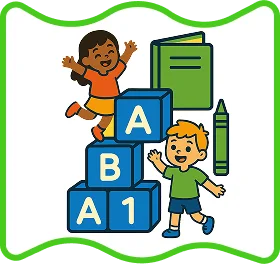 an image of Two children playing with educational blocks and school supplies.