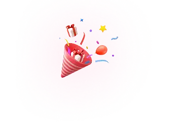 Red party popper with confetti, stars, and gift icons