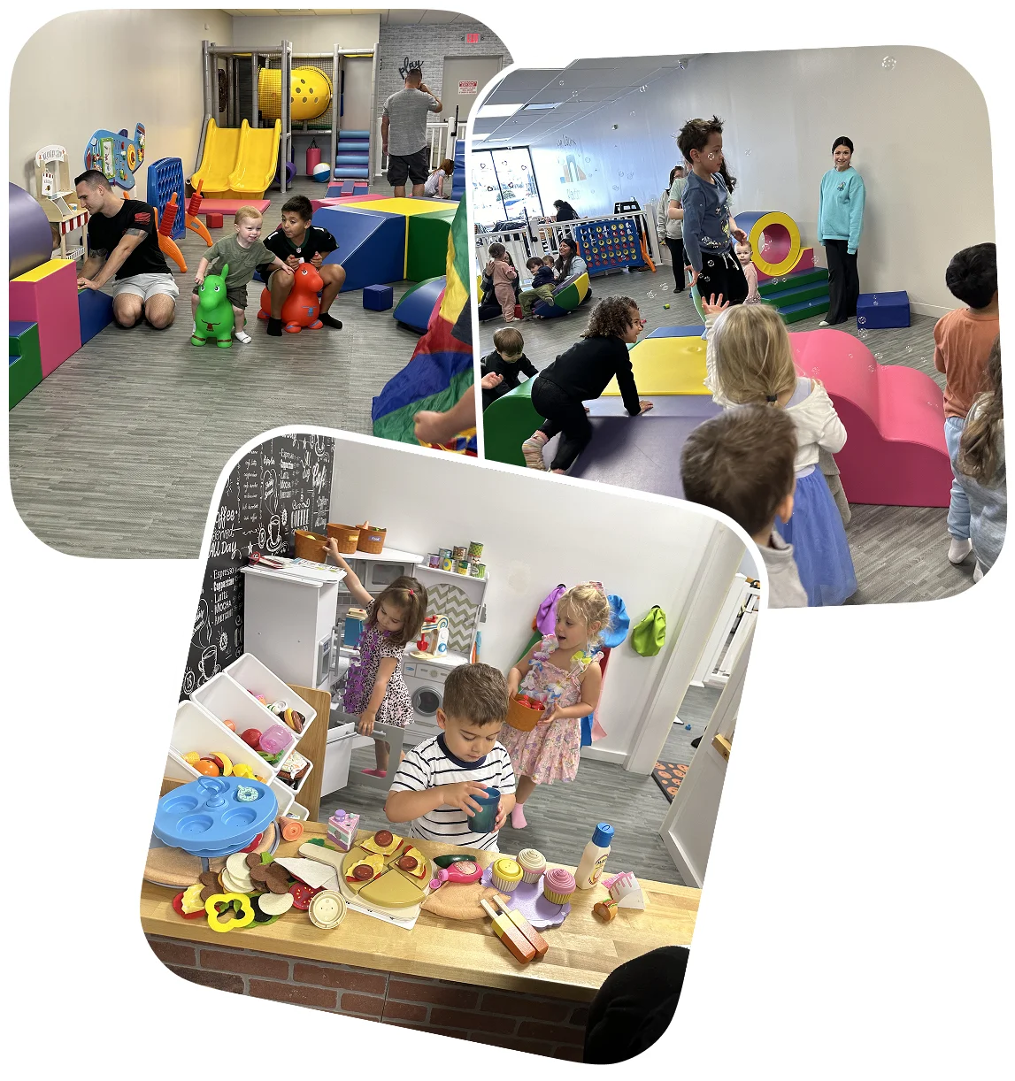 A collage Image showing a play café, and open play activity at Little Laughs Playtime.