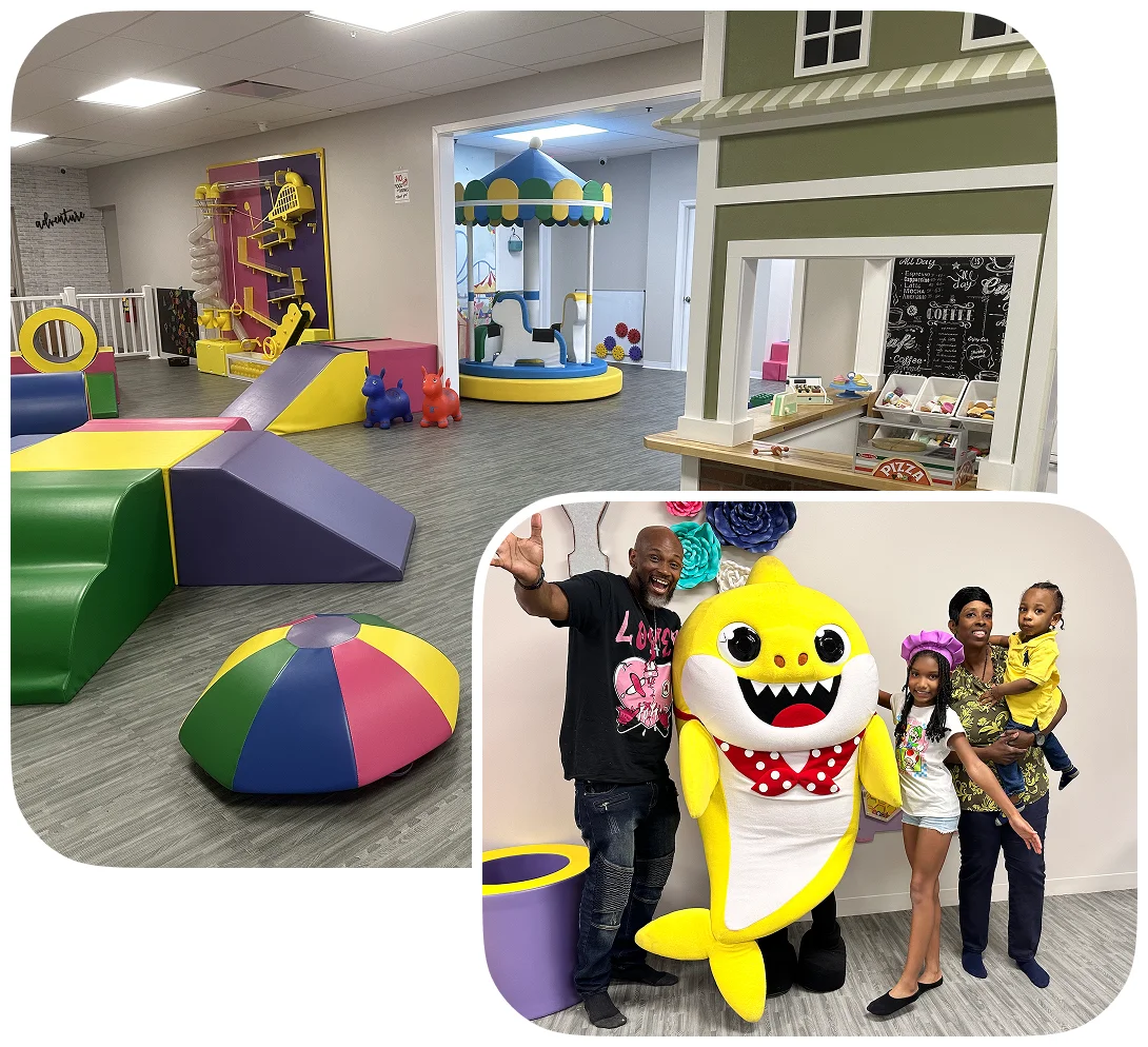 An image of an Indoor play center with play structures and birthday celebration.