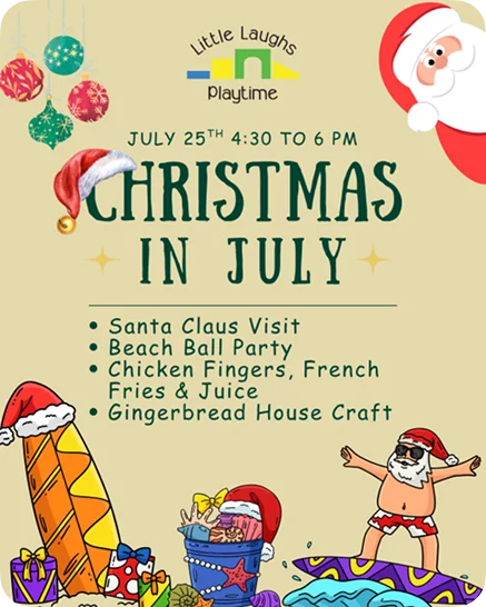 An image promoting the Christmas in July event with Santa Claus, beach ball, gingerbread craft.