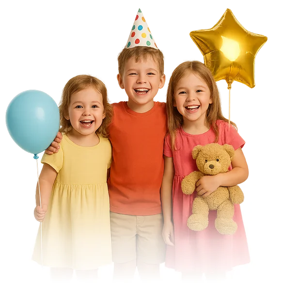 An image of smiling kids with a balloon, teddy bear, and party hat.