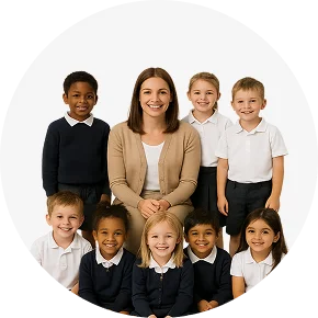 An image of a smiling teacher with a group of school-aged children in uniforms