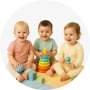 An image of three toddlers sitting and playing with colorful stacking toys and blocks.