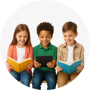 An image of three young children happily reading books side by side.