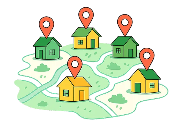 An image of a neighborhood map with colorful houses and red location pins