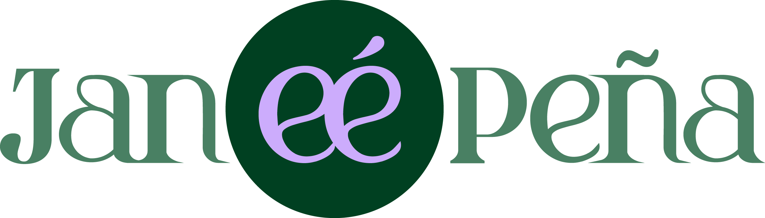 Jannée Peña text logo with stylized double e in purple inside a dark green circle.