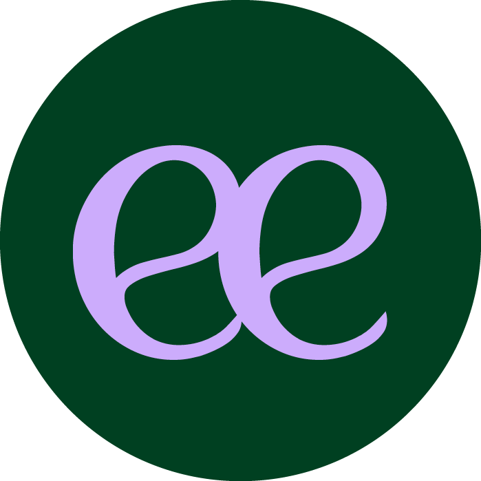 Stylized lowercase letters 'ee' in light purple on a dark green circular background.