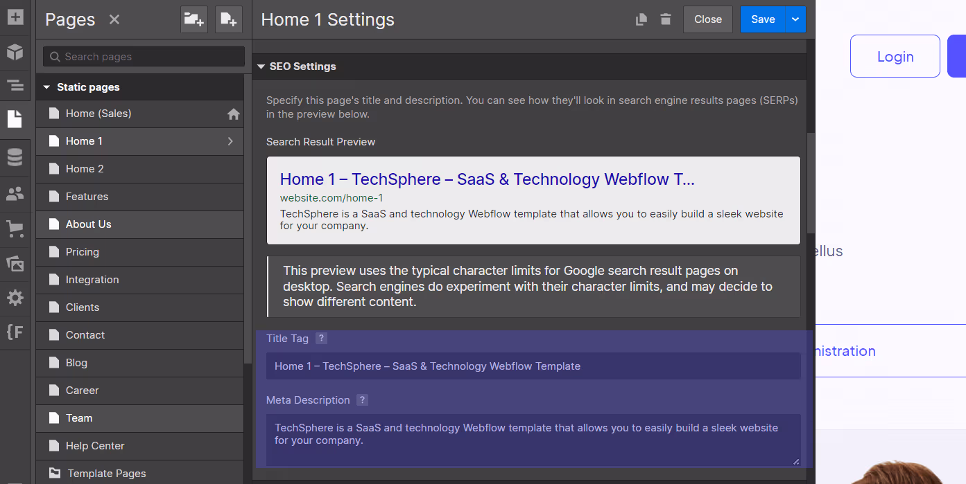 a screenshot of a page settings