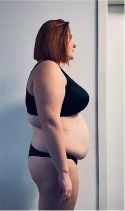Eine Frau mit roten Haaren in Sport-BH und Unterwäsche steht seitlich.