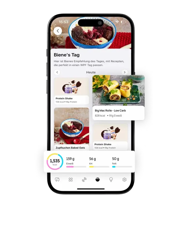 WPF Community - Smartphone zeigt Ernährungs-App mit Tagesempfehlungen und Nährwertübersicht.