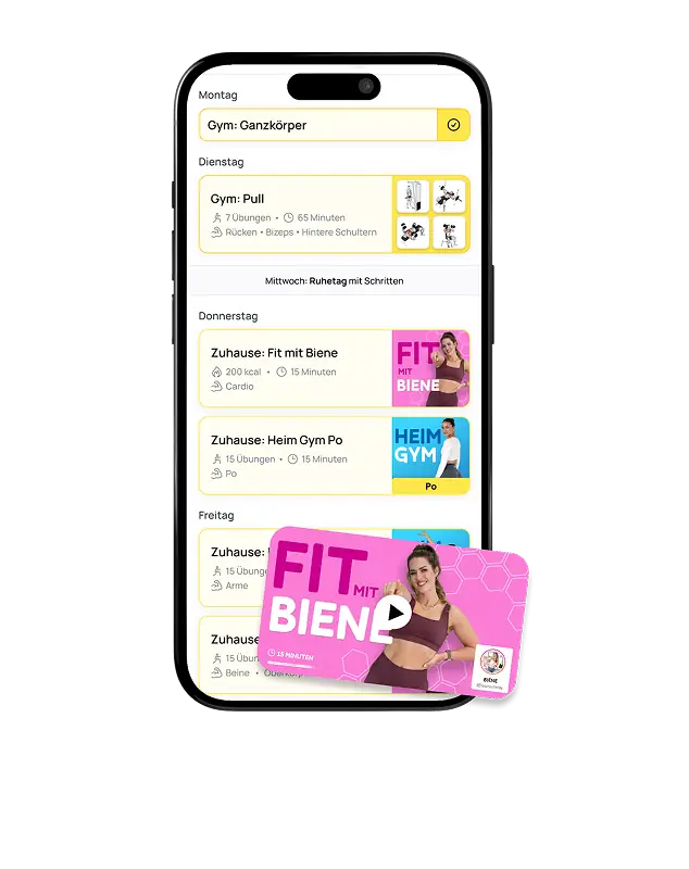 WPF Community - Smartphone zeigt Fitness-App mit Trainingsplan und Video-Vorschau.