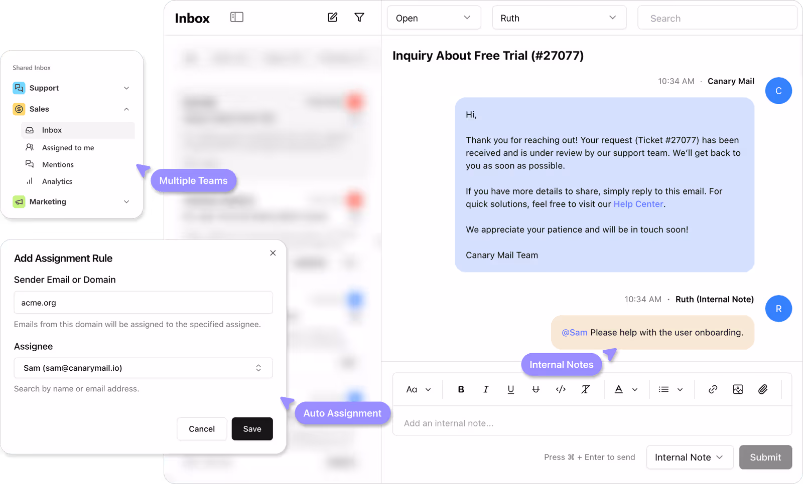 Shared inbox interface in Canary showing multiple teams, auto-assignment rules, and internal notes for team collaboration.