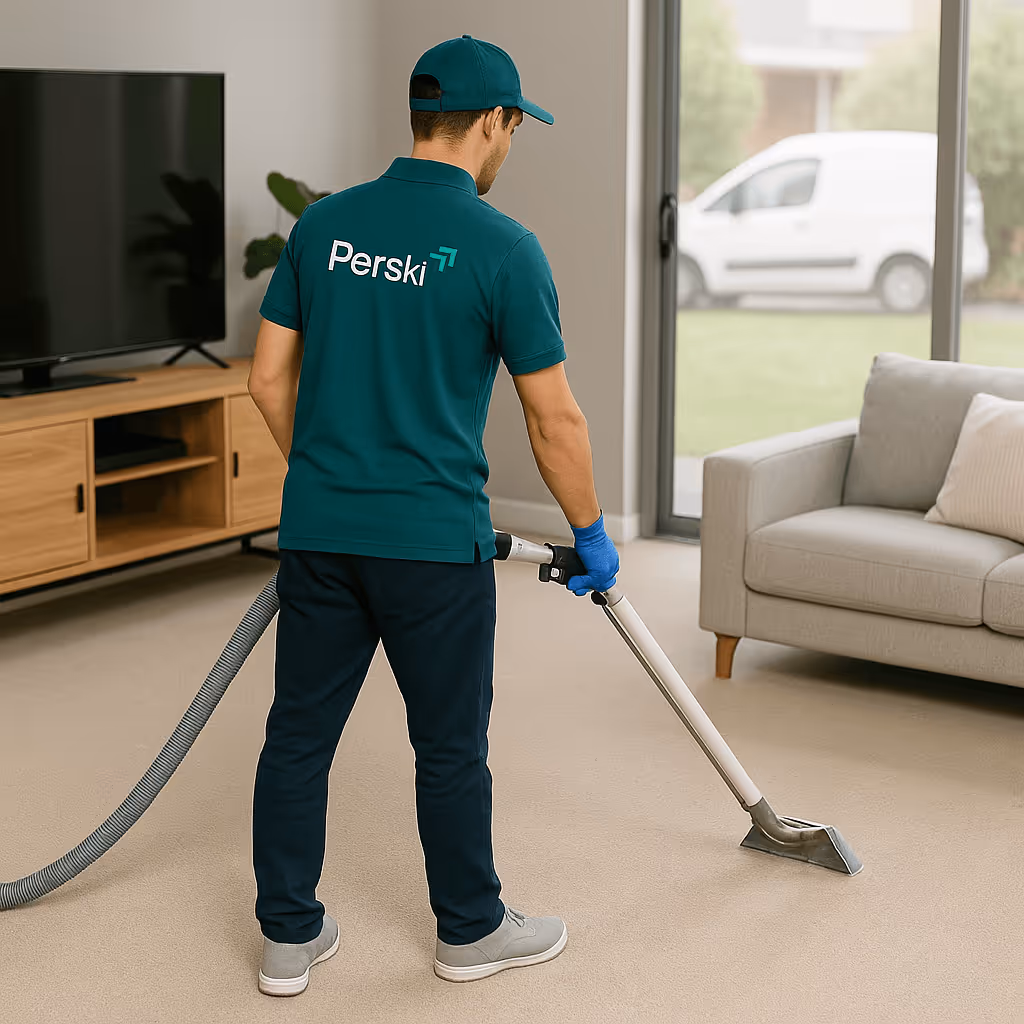 A Perski cleaner steam cleaning a carpet in Melbourne