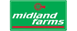 Midland Farms logo with green background, white italic text, and a red stylized sun above.