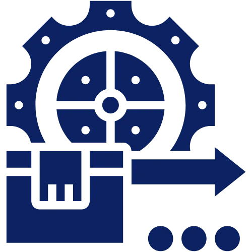 Icon with a gear, package box, right-pointing arrow, and ellipsis representing workflow or process automation.