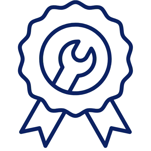 Ribbon badge with a wrench symbol representing quality service or technical support.