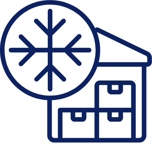 Icon of a warehouse with stacked boxes and a snowflake symbol indicating cold storage.