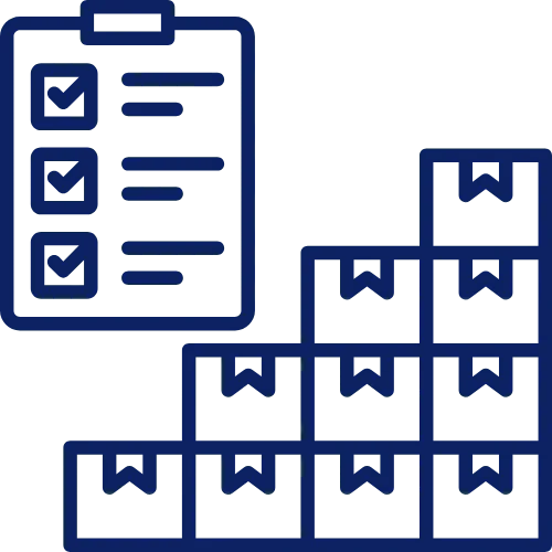 Checklist with three checked items next to a stack of labeled boxes arranged in a pyramid.