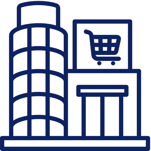 Icon of a modern shopping mall building with a shopping cart sign.