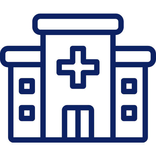 Outline icon of a hospital building with a medical cross above the entrance.