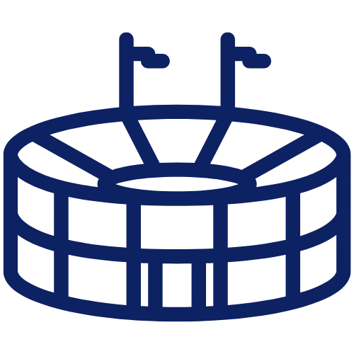 Icon of a stadium with two flags on top and tiered seating.
