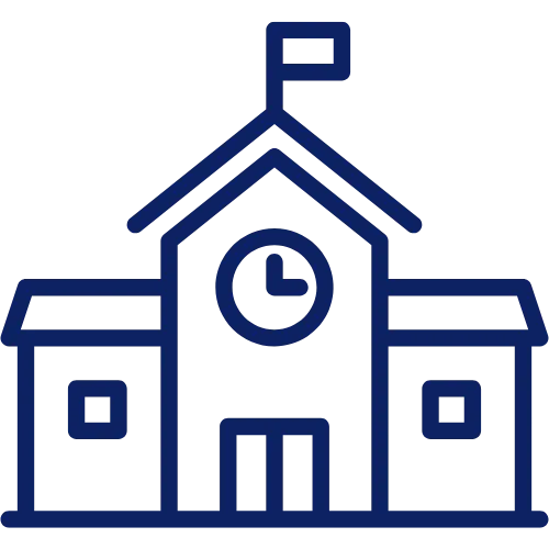 Outline icon of a school building with a clock and a flag on top.