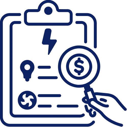 Icon of a clipboard with energy-related symbols and a hand holding a magnifying glass over a dollar sign.
