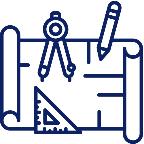 Blueprint with a compass, pencil, and triangular ruler representing architectural planning.