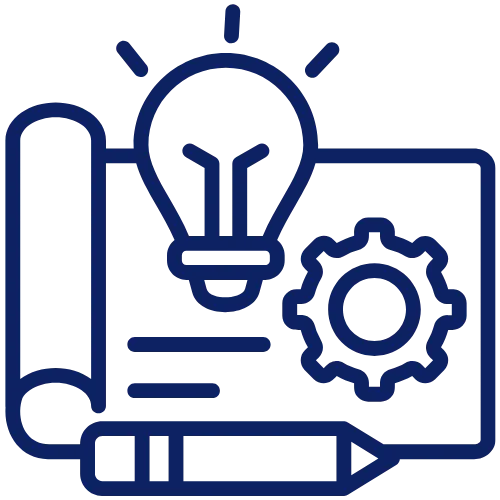 Icon of a rolled blueprint with a lightbulb, gear, and pencil representing ideas and engineering design.