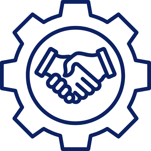 Blue handshake icon inside a gear symbol representing partnership and collaboration.