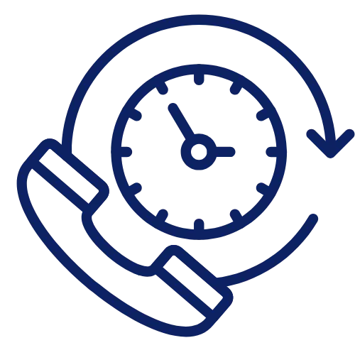 Icon of a telephone handset with a clock and a circular arrow indicating time or call duration.