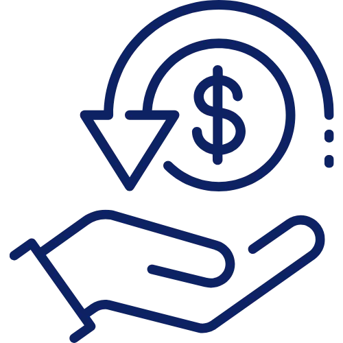 Hand below a dollar sign with a circular arrow pointing downward, symbolizing refund or cashback.