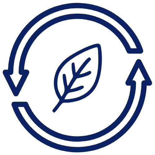 Leaf icon surrounded by two circular arrows representing eco-friendly or sustainable process.