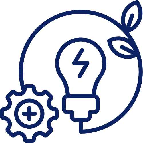 Icon of a light bulb with an electric bolt inside, a gear with a plus sign, and a circular line with two leaves symbolizing eco-friendly energy and innovation.