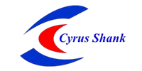 Cyrus Shank company logo with stylized blue and red design elements surrounding the name.