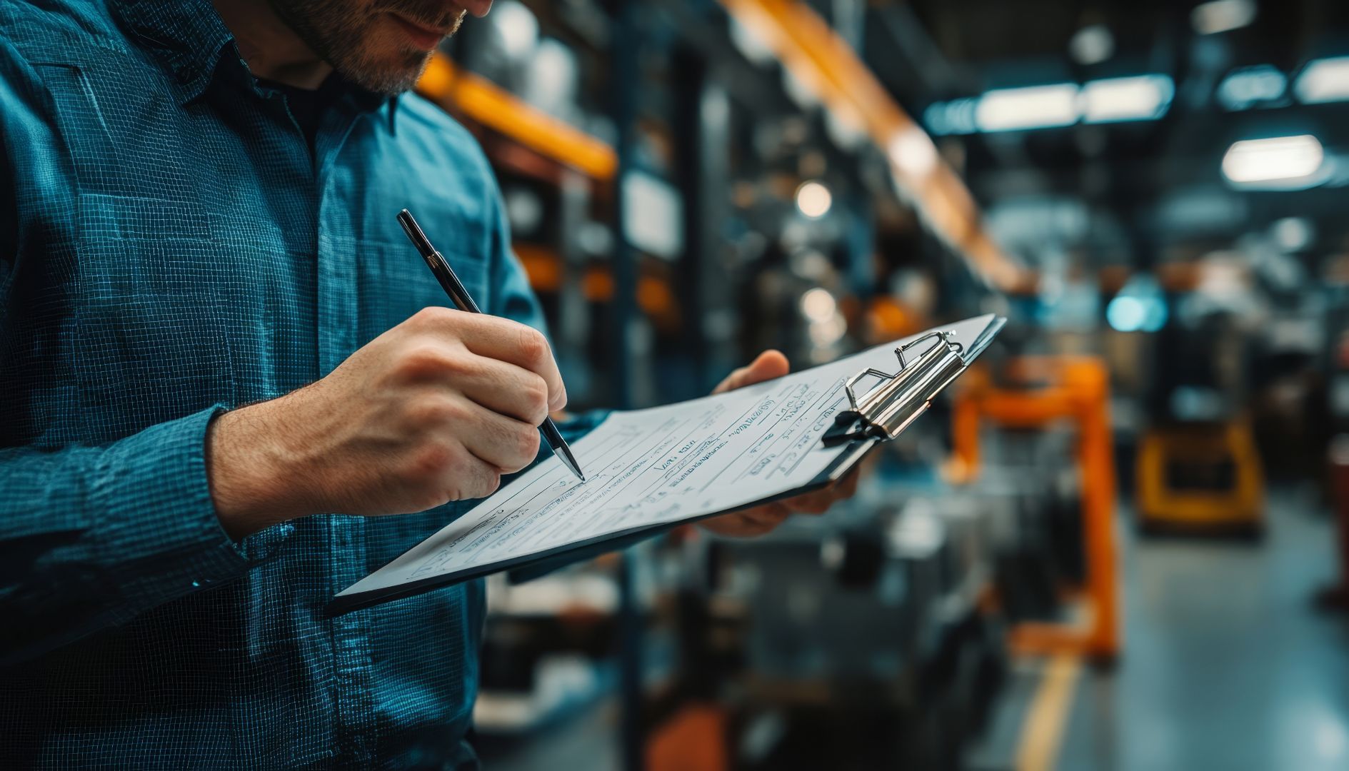 Man in blue shirt writing on a clipboard in a warehouse or industrial setting.