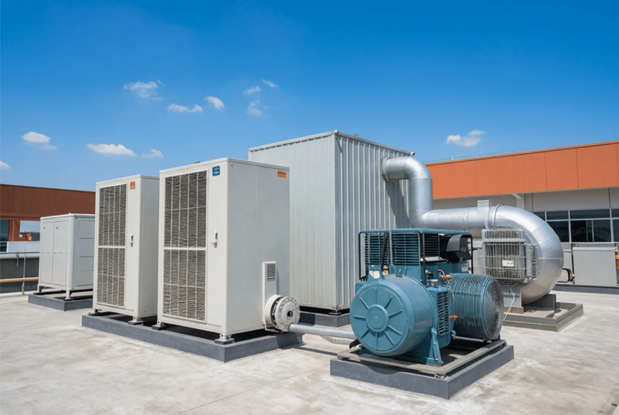 Large industrial HVAC units and ventilation equipment installed on a rooftop under a clear sky.