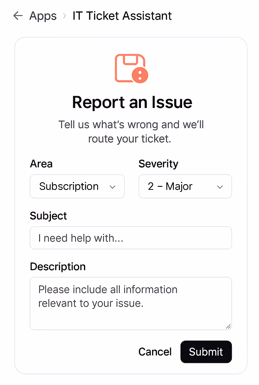 Screenshot of a custom IT Ticketing Application 