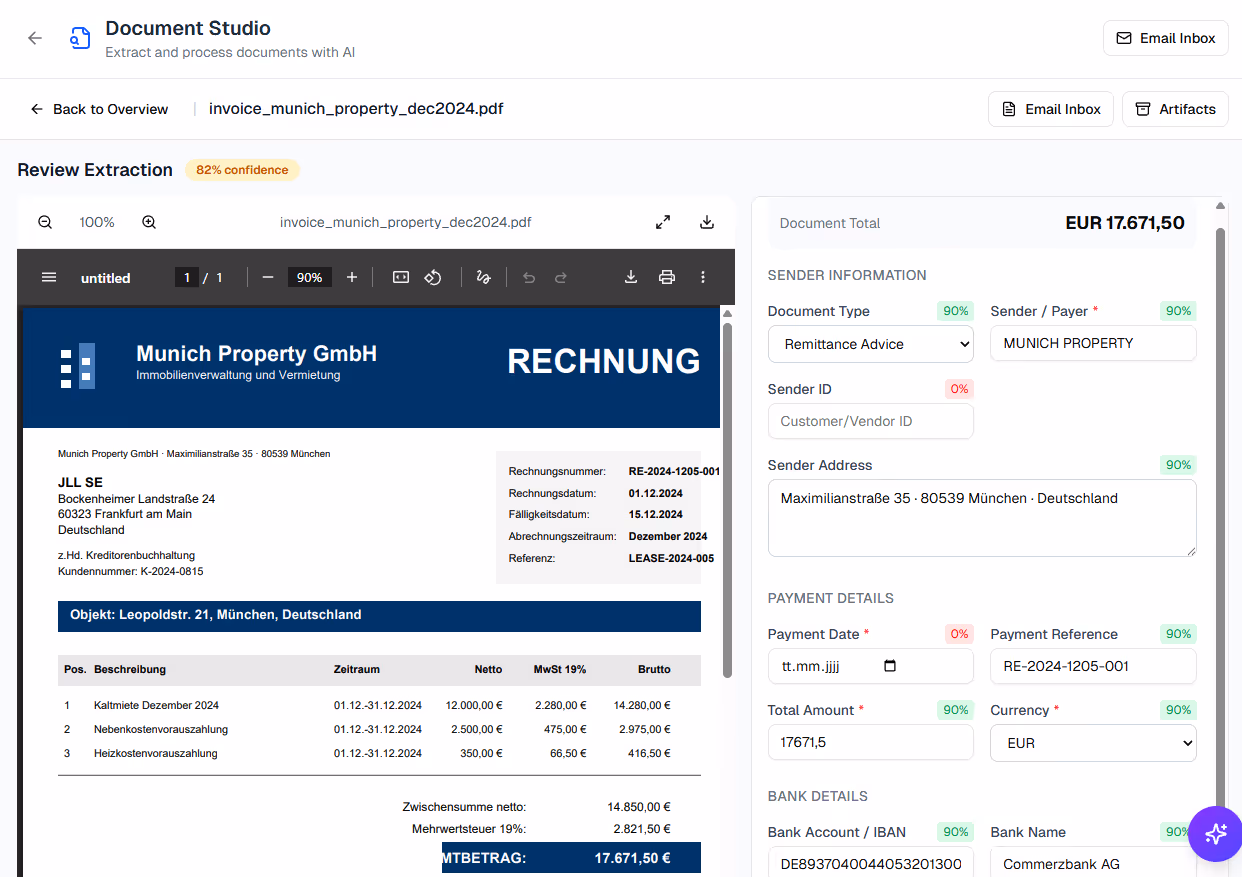 AI document capture extracting remittance data from PDF email attachment - Transformance